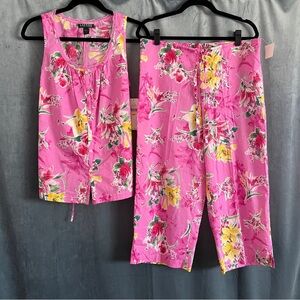 NWT LAUREN Ralph Lauren Pink Floral Botanical Two-Piece 100% Cotton Pajama Set M